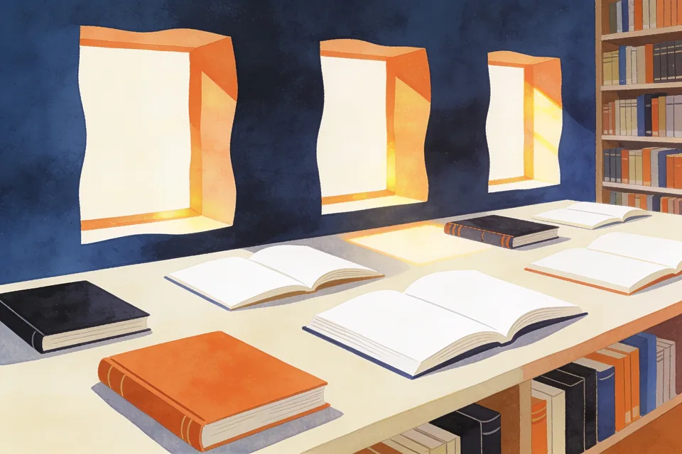 Books on a shared reading table, lit by three separate windows