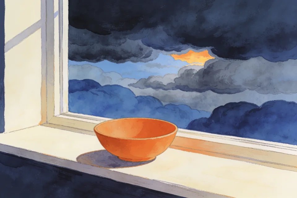 An empty orange bowl on a windowsill beneath blue-grey clouds and a small opening of warm sky