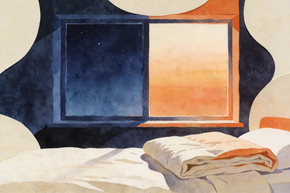 A folded duvet beneath a window divided between blue night and orange dawn